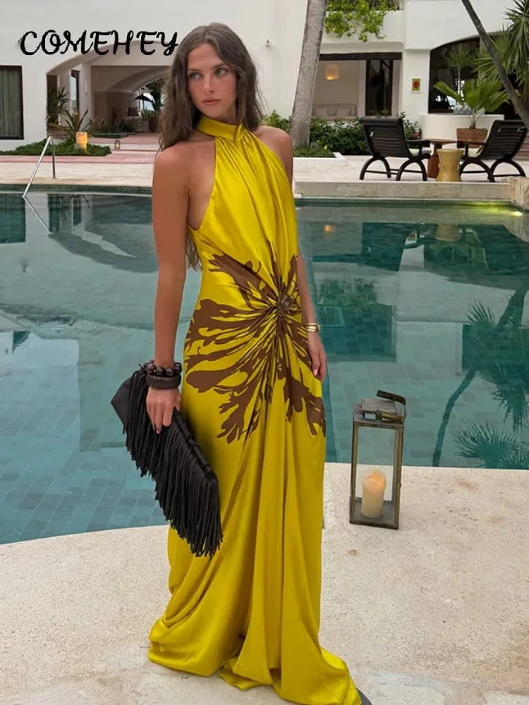 2026 Summer Printed Halter Maxi Dress Women Sleeveless Pleated Chic Satin Long Dresses Fashion Vacation Beach Party Lady Robe — image 1