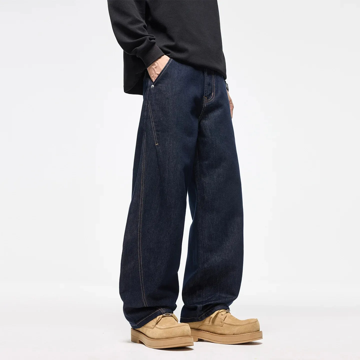 Autumn Winter 2026 New Fashion American Style Men's Dark Blue Solid Color Casual Trendy Simple Basic Wide Leg Loose Jeans Pants — image 5