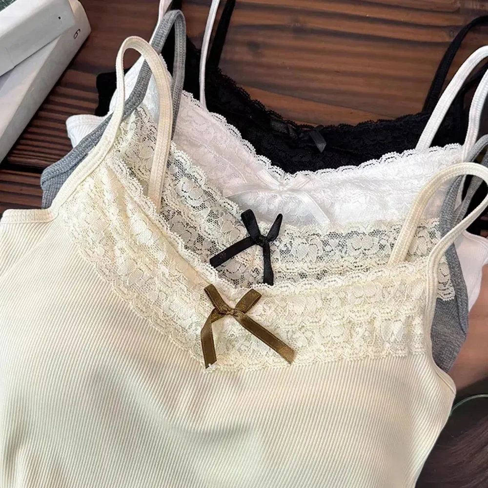 Knit Lace Sling Tops Sweet Bow Short Tank Top Camisole Solid Color Slim Knitted Crop Top Y2K Sexy Sleeveless Clothes Coquette