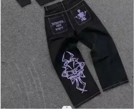 Y2K Black Multi Pocket Cargo Jeans Men Women Wide Leg Distressed Frayed Hem Flap Pockets Button Detail Baggy Streetwear Trousers — image 8