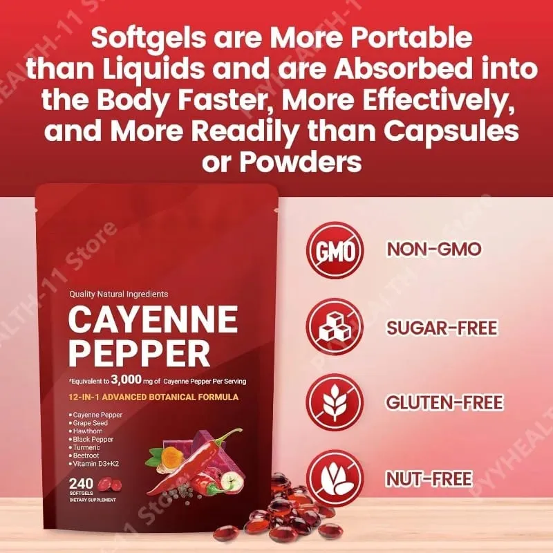 Cayenne Pepper Softgels อาหารเสริมเมล็ดองุ่นบีทรูทขมิ้นวิตามิน D3 K2 สมุนไพรรองรับหลอดเลือดดำขาเลือดเรือสุขภาพ