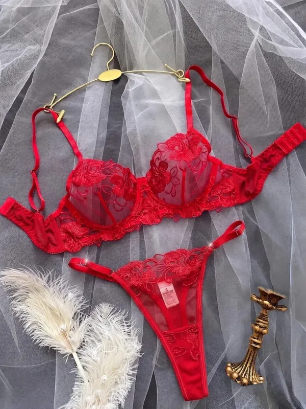 A1 sexy vermelho floral bordado puro laço lingerie conjunto S-XL feminino ver através de malha sutiã tanga 2 pçs romântico dia dos namorados íntimos