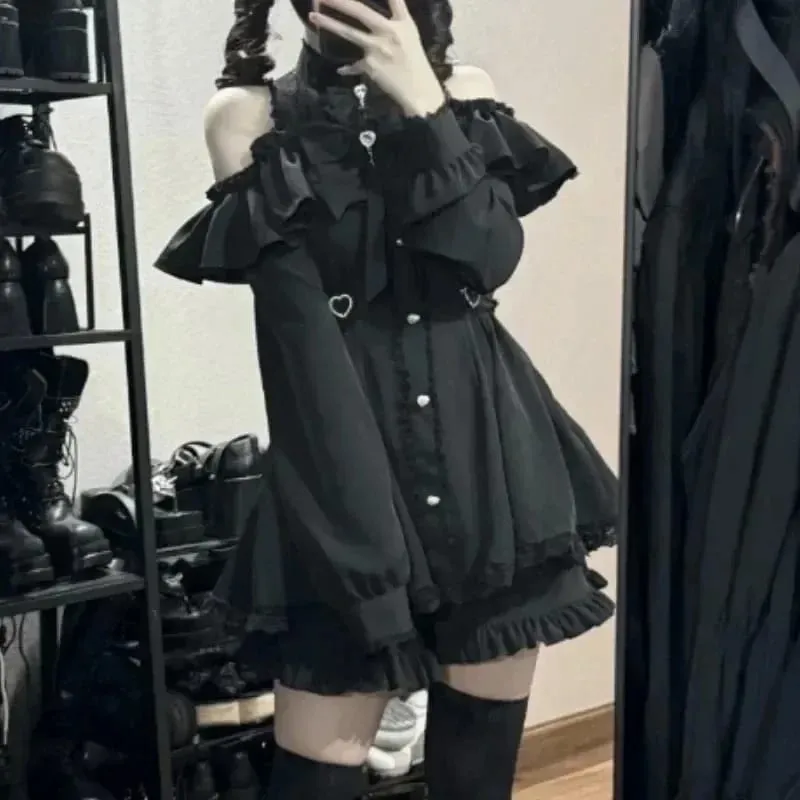 Gothic Vintage Spets Y2k Mini Klänning Dam Design Streetwear Svart Lolita Slim Klänning Långärmad Elegant Klänning Spicy Girls — image 6