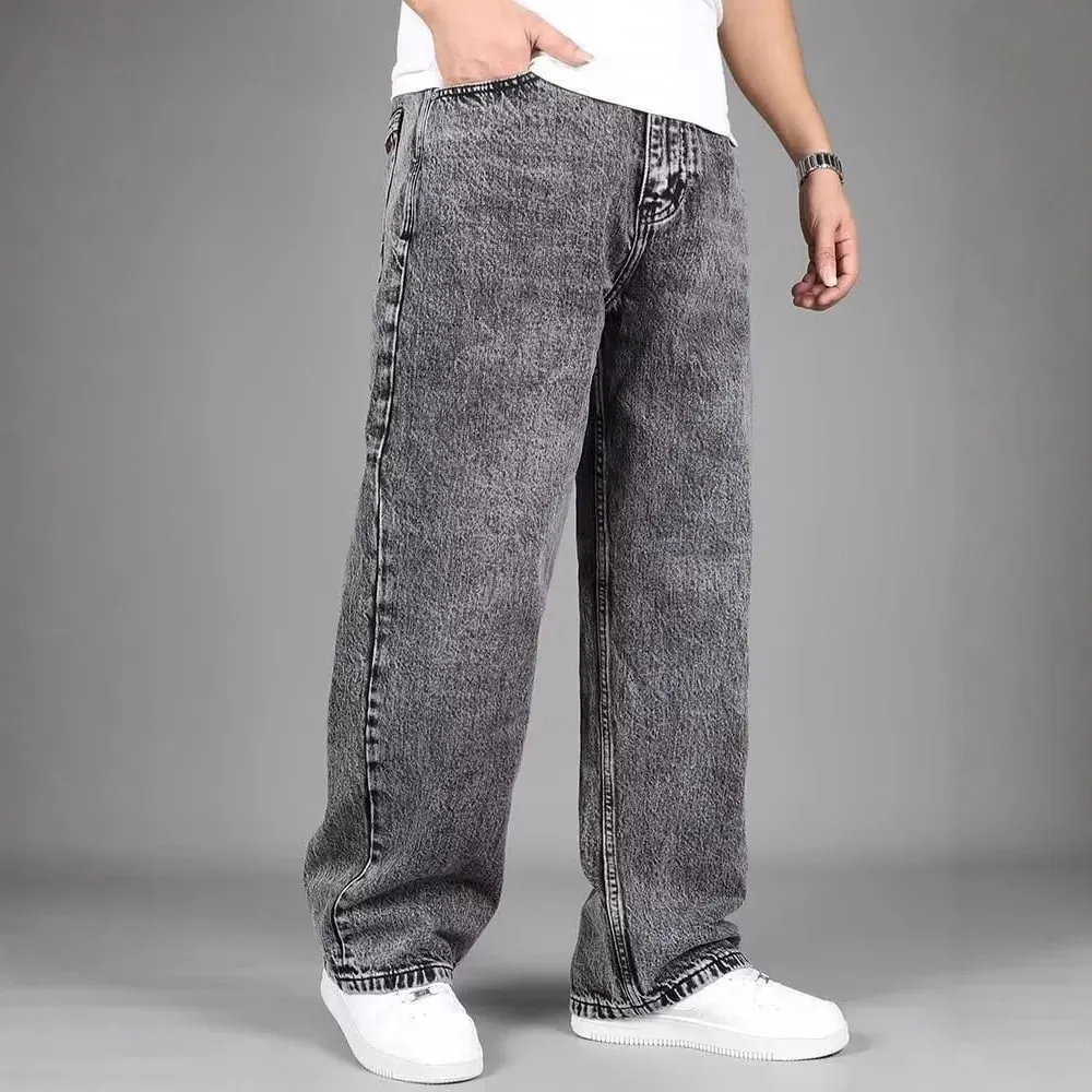 Men Vintage Acid Wash Wide Leg Jeans Loose Baggy Straight Denim Pants Retro Gray Washed Casual Streetwear Long Trousers — image 4