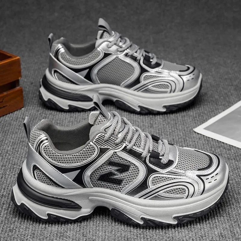 Men's Retro Chunky Dad Sneakers | Metallic Silver Platform Running Shoes — image 2