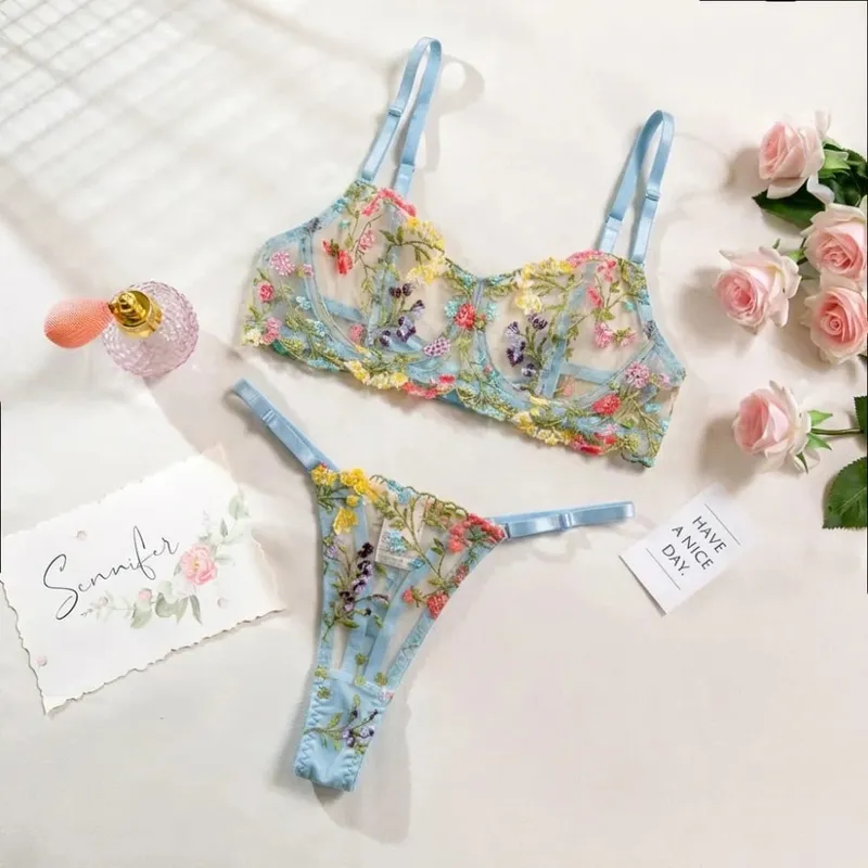 2-Piece Bohemia Floral Lingerie Set Embroidery Versatile Underwear Intimates Sheer Underwire Push-up Bra Panty Set For Lady Girl
