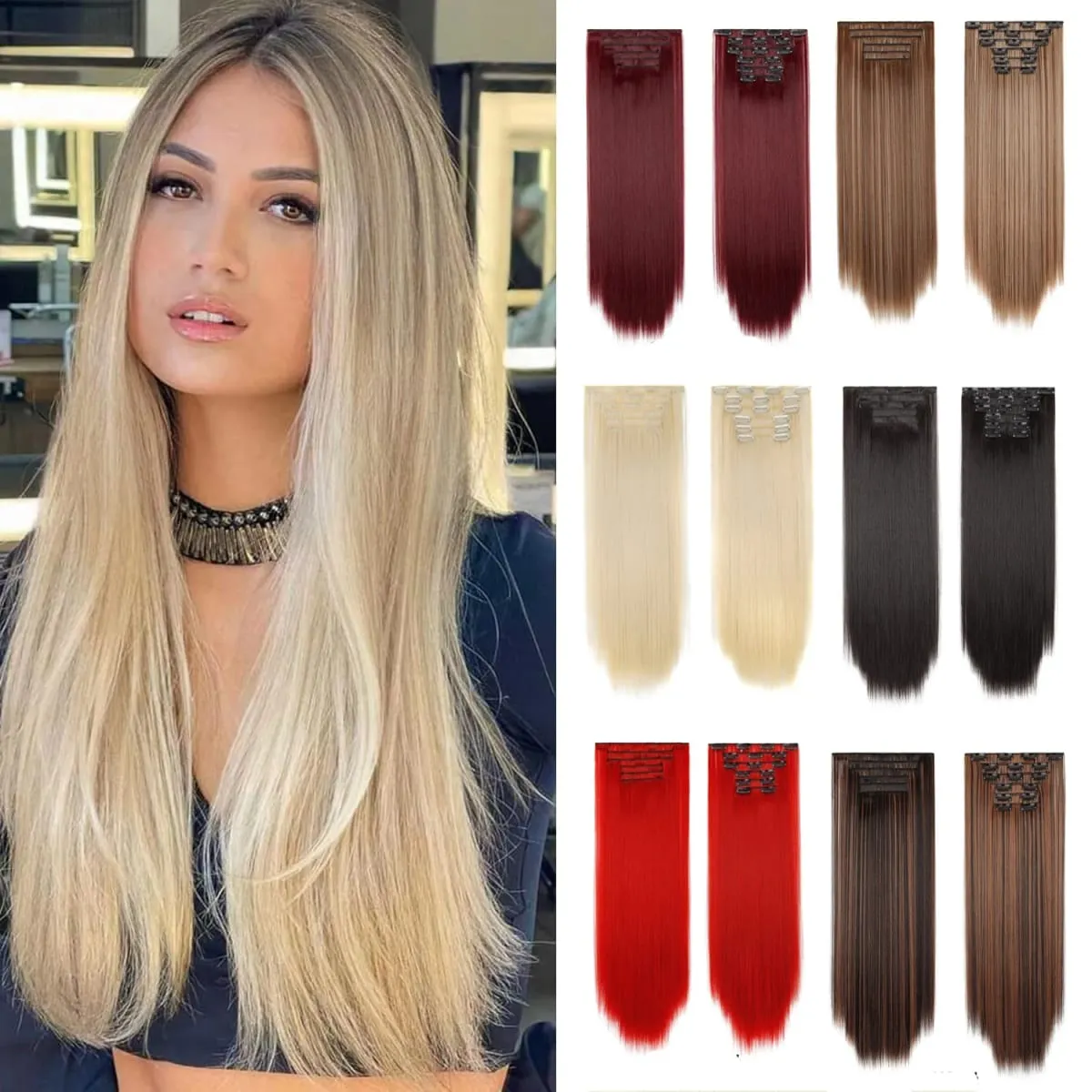 Jeedou Jeedou 6Pcs Clip In Straight Hair Extensions 60cm Long Synthetic Hair Pieces With 16 Clips Heat Resistant Hair For Women