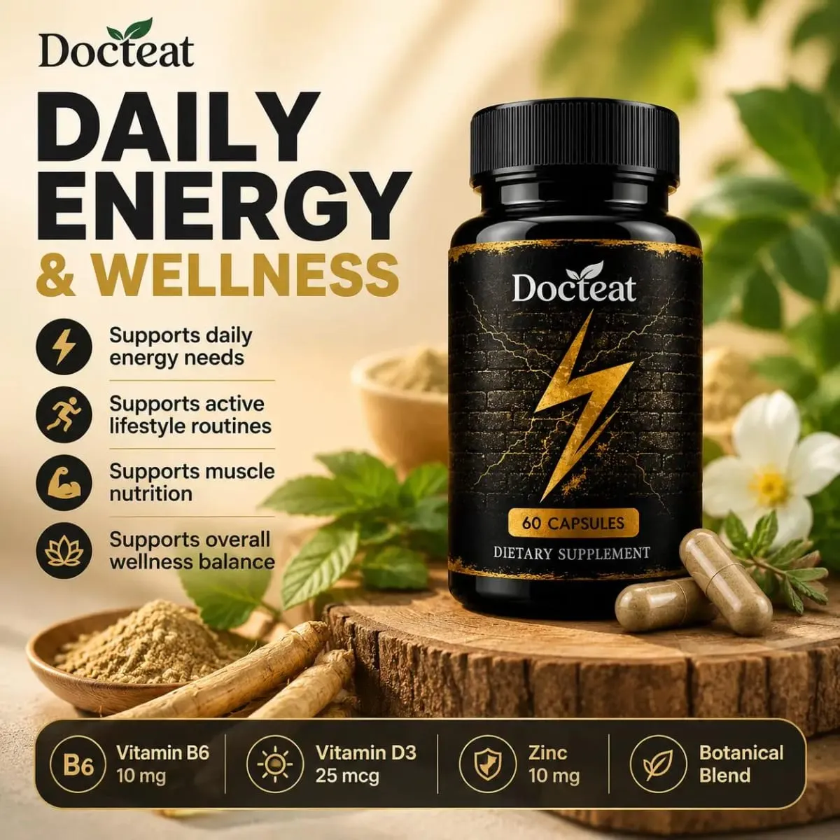 Docteat Men's Energy & Vitality Capsules with B6 D3 Zinc Ashwagandha L-Citrulline Panax Ginseng Daily Support 60 Capsules — image 2