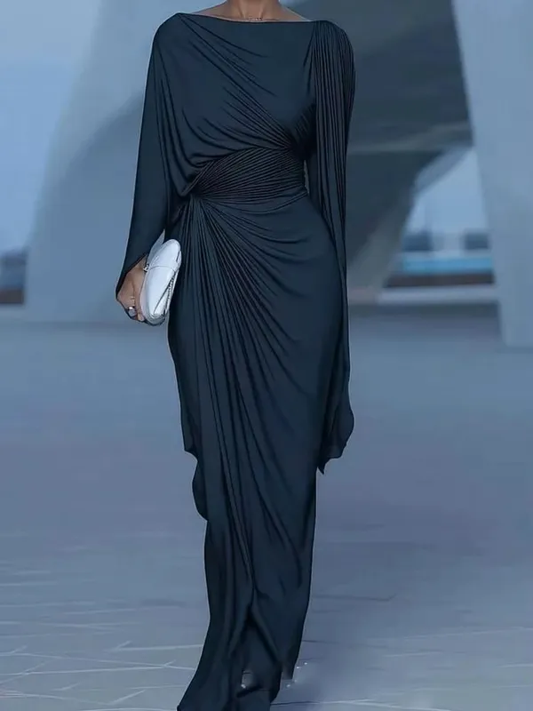 Elegant High Waist Solid Color Banquet Dress Lady Leisure Irregular Long Sleeve Dress Sexy Slash Collar Pleat Slim Evening Dress — image 8