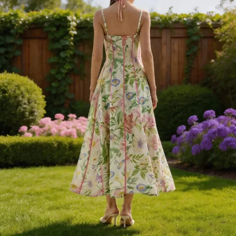Feminino retro floral impressão espartilho maxi vestido sexy sem mangas halter pescoço flowy vestido longo senhora verão férias namoro streetwear — image 5