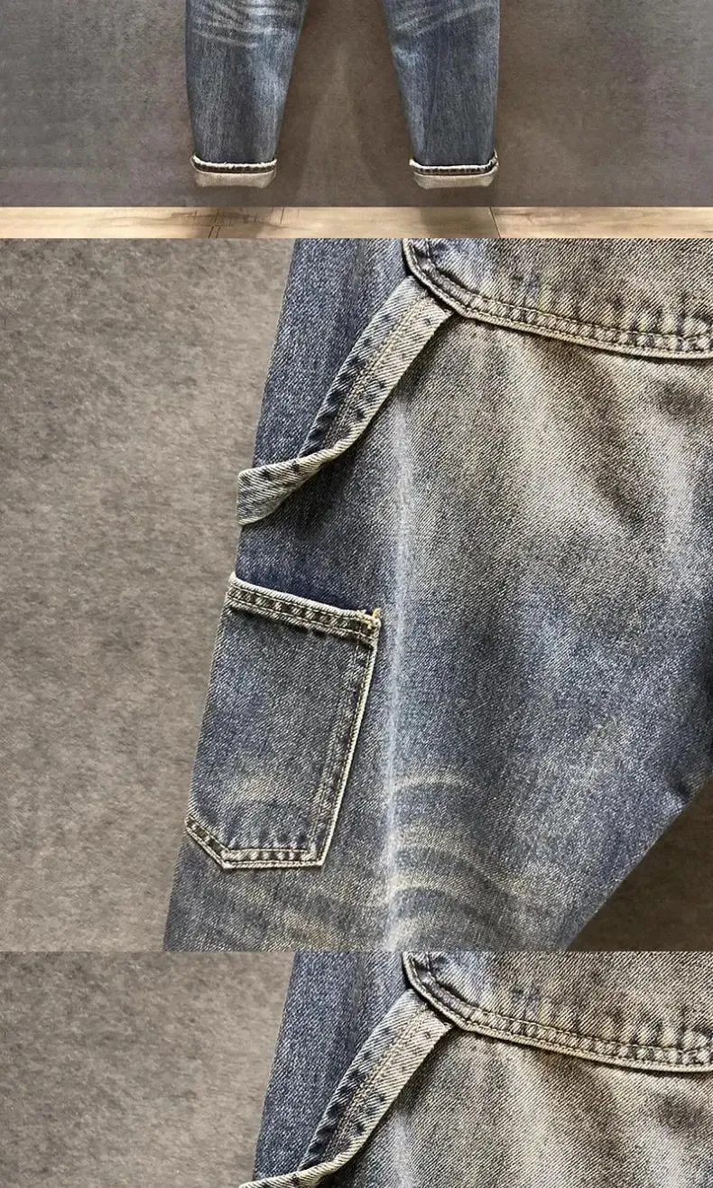 Original Luxury Brands Clothing Punk Handsome Design Trendy Brand Pants Men's Loose Straight Sticker Splicing Logging Work Jeans — image 9