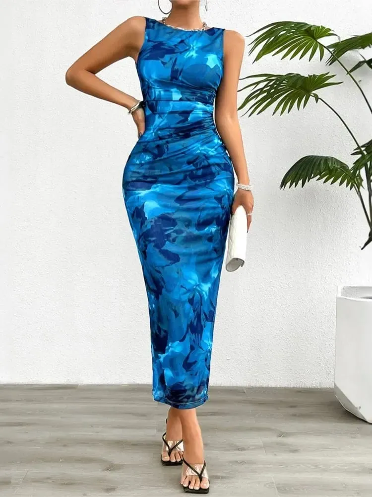 Feminino 2024 primavera verão nova moda impressa em torno do pescoço estilo emagrecimento sem mangas vestido apertado com fundo dividido — image 4