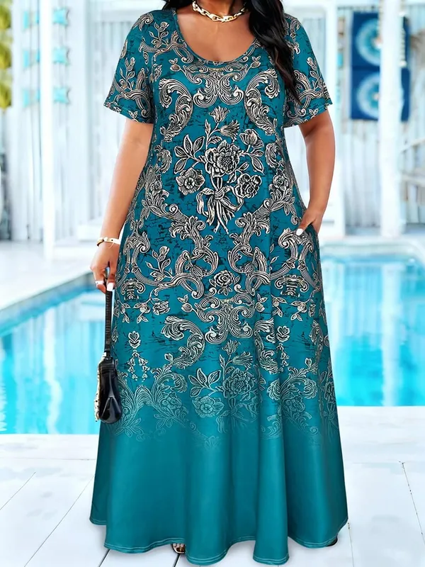 Plus Size Teal Baroque Floral Print Maxi Dress Summer Casual Short Sleeve Scoop Neck Loose Long Sundress na May Pocket