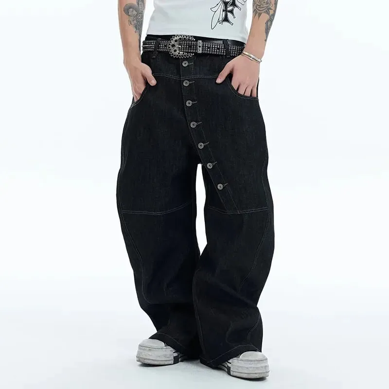 Korean High Street Buckle Curved Jeans Autumn Men'S Loose Straight Leg Pants Black Wide Leg Pants Casual Pants Hip-Hop Pants — image 2