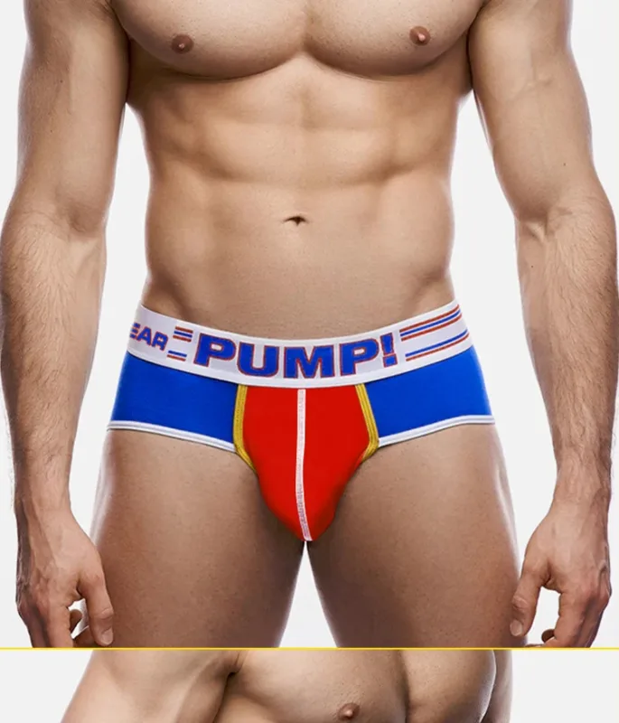 Men's Cotton Color Block Briefs, Pump! Logo Wide Waistband Low Rise Sexy 3D Convex Pouch Underwear — image 21