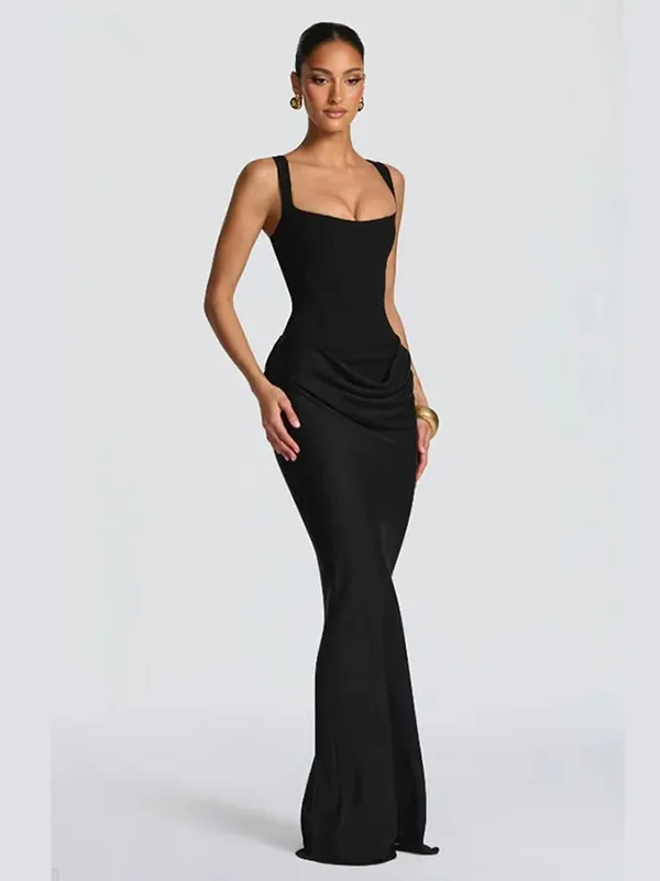 Elegante amarelo sem alças plissado vestido longo feminino chique sólido sem mangas cintura cinching split vestido 2026 senhora festa de noite robes — image 15