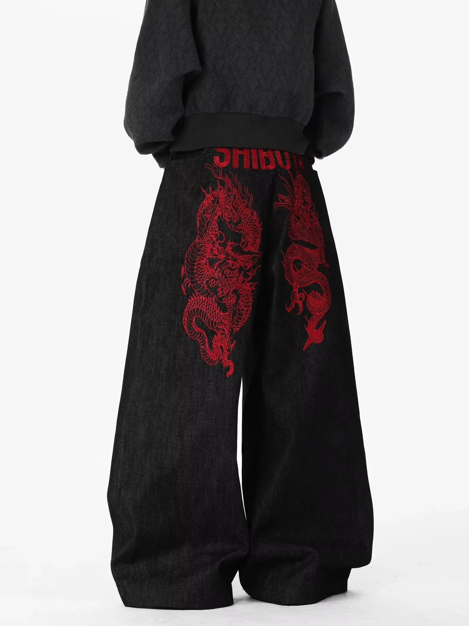 American retro embroidered pattern hip-hop jeans suitable for both men and women Y2K street cool floor length wide leg pants — image 2