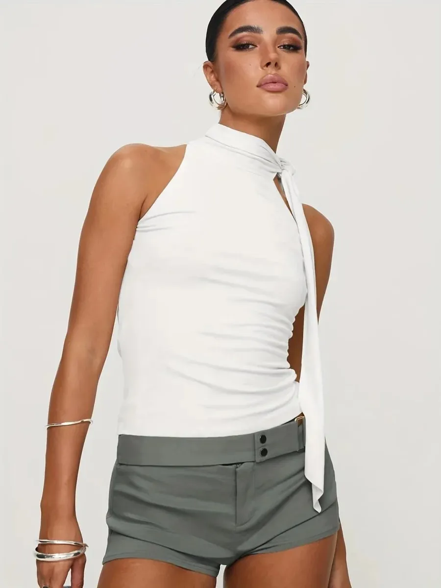 Women Solid Color Halter Neck Tie Detail Sleeveless Top Summer Casual Y2K Street Style Slim fit Crop Top — image 10