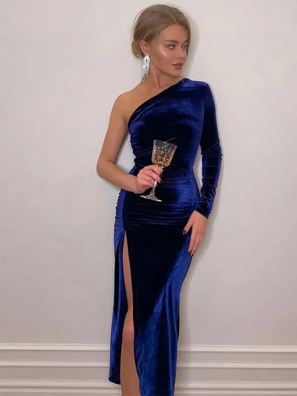 Feminino elegante manga longa festa noite veludo bodycon split lápis midi vestido 2024 primavera outono roupas