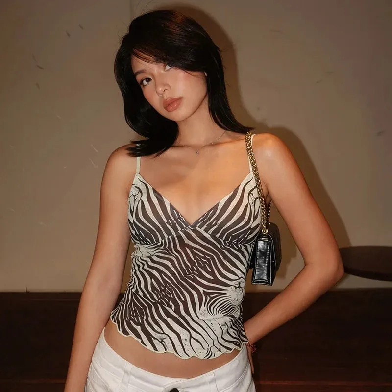 Women Summer Mesh Zebra Print V Neck Mesh Cami Tops — image 4