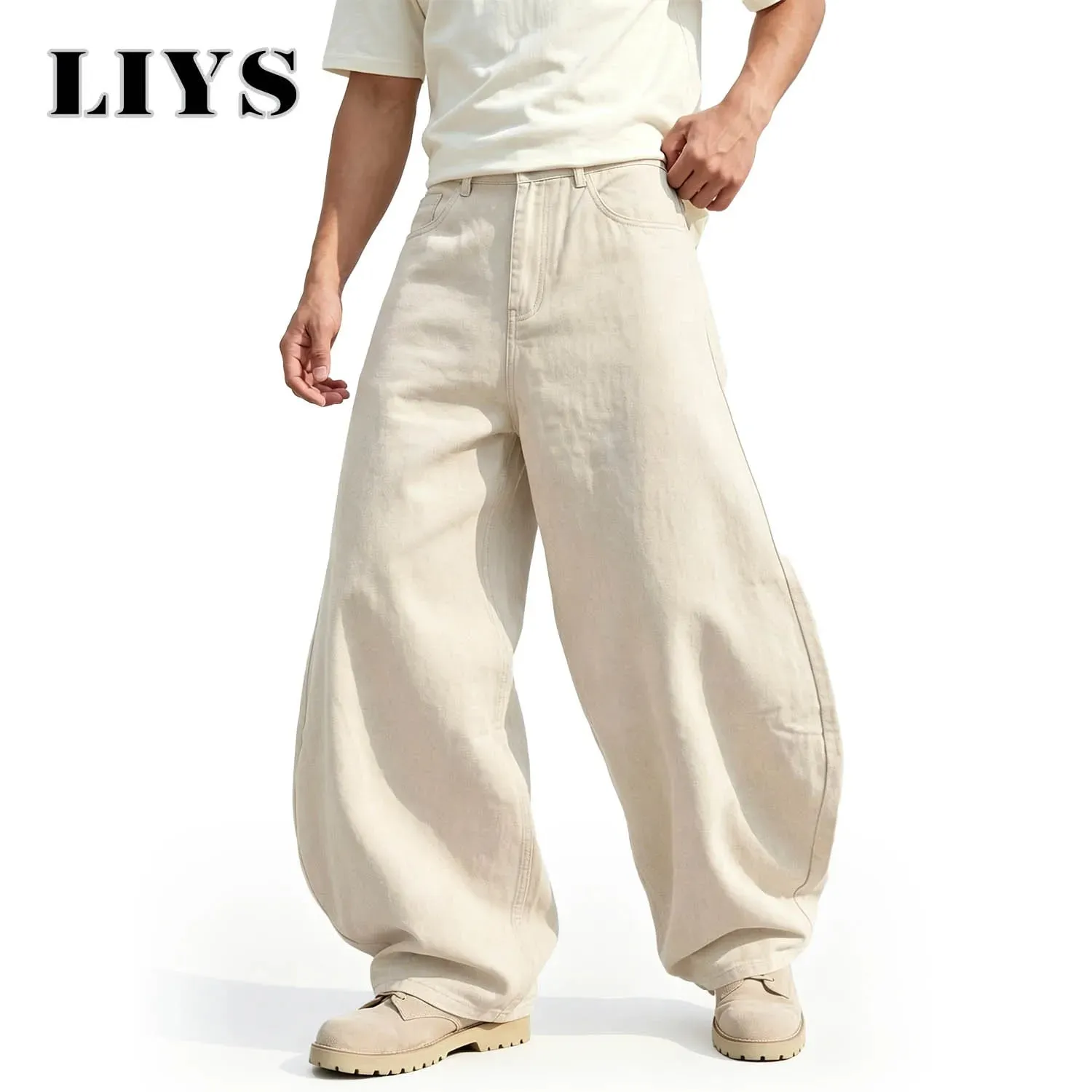 Men's American Beige Loose Wide Leg Jeans High Waisted Streetwear Hip-Hop Fashion Loose Denim Pants Y2K Retro Casual Pants — image 3