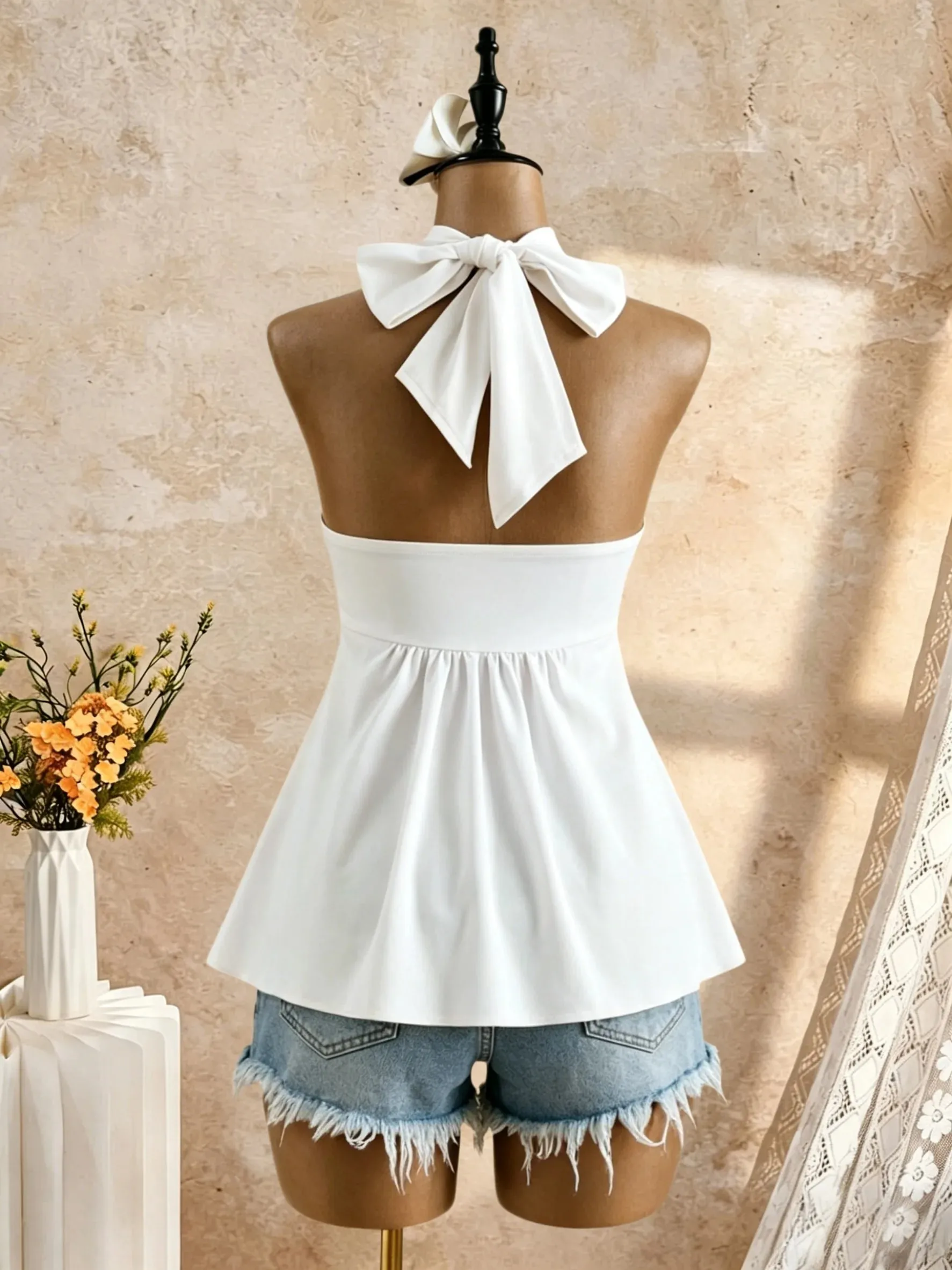 Women Halter Twist Front Sweetheart Neck Flared Peplum Camisole 2026 Summer Y2K Solid White Sleeveless Flowy Beach Vacation Tank — image 3
