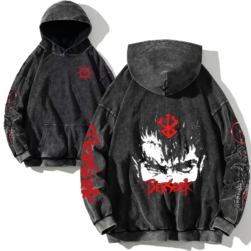 Support Custom Anime Berserk Graphic Hoodies Vintage Washed Oversized Hooded Cool Long Sleeves Cotton Hoodie Men Women Clothes — image 5
