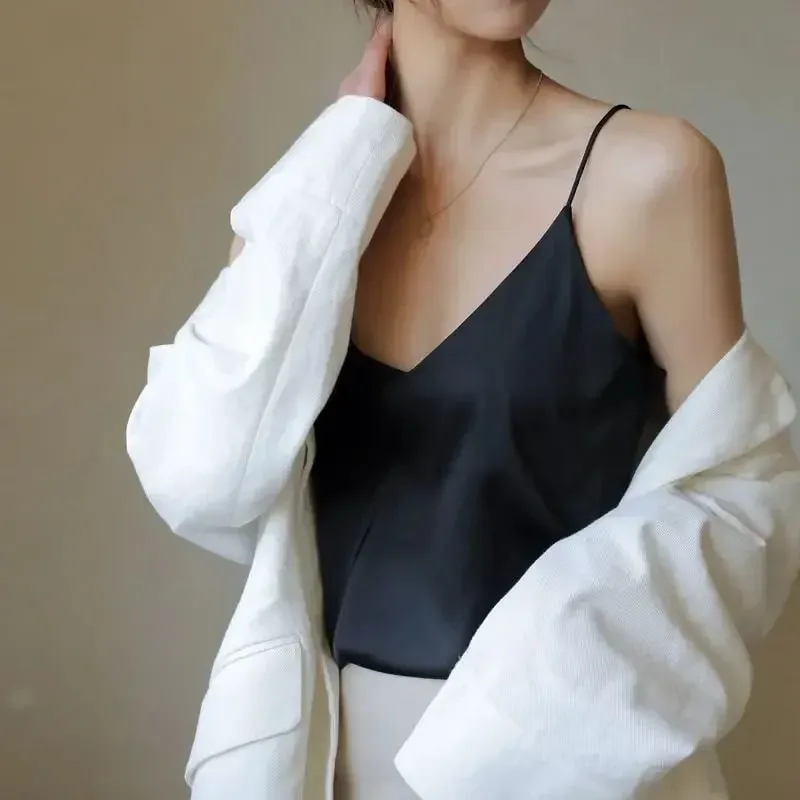 Women Halter V Neck Basic White Cami Spaghetti Strap Top Sleeveless Satin Silk 2026 Tank Tops Women'S Summer Camisole — image 11