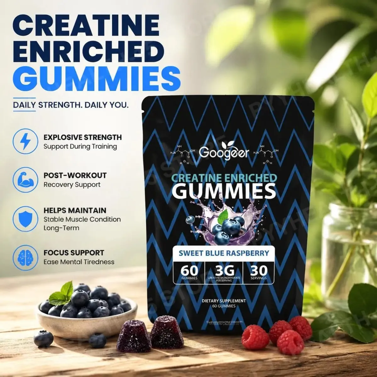 Creatine Monohydrate Gummies for Strength Support During Training Post-Workout Recovery Support Blue Raspberry 60 Gummies