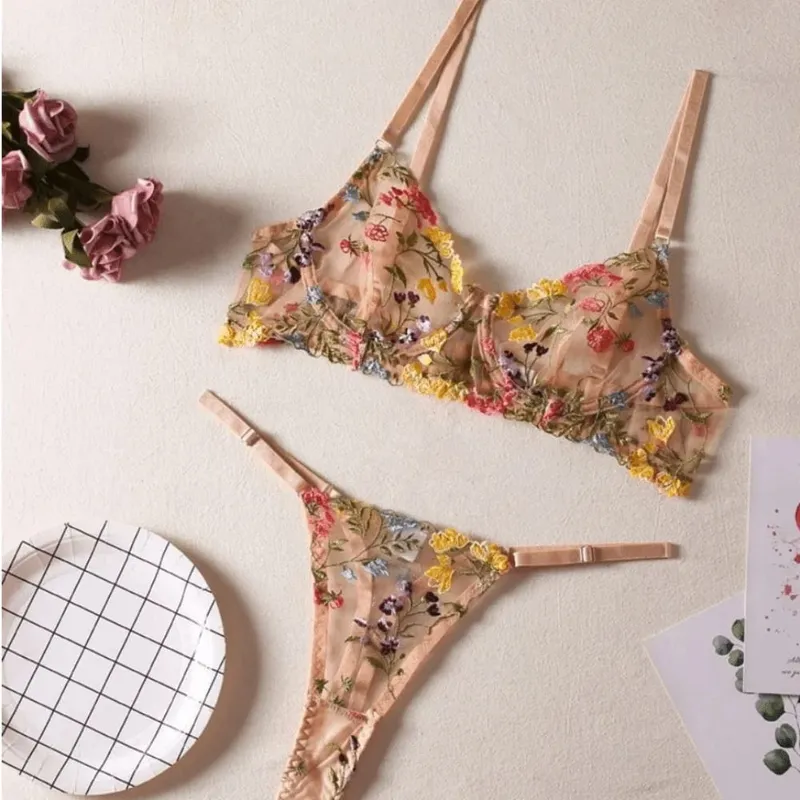 2-Piece Sexy Floral Lingerie Set Embroidery Sheer Women Underwear Wireless Bra — image 7
