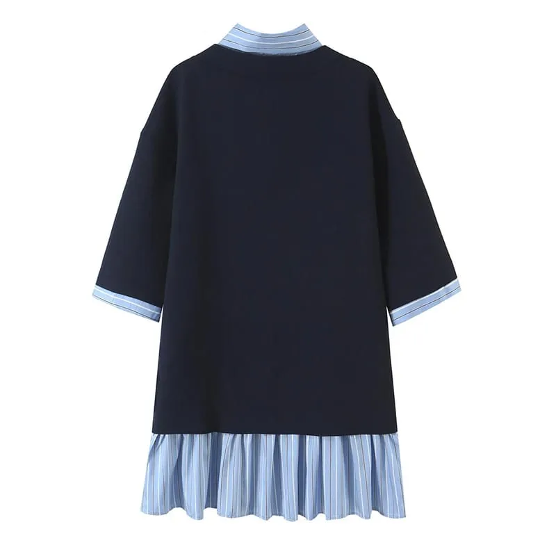 Ladies Contrast Stripe Spliced Casual Short Dress Bow Tie Neck Half Sleeve Ruffled Hem Loose Fit Commuter Dresses