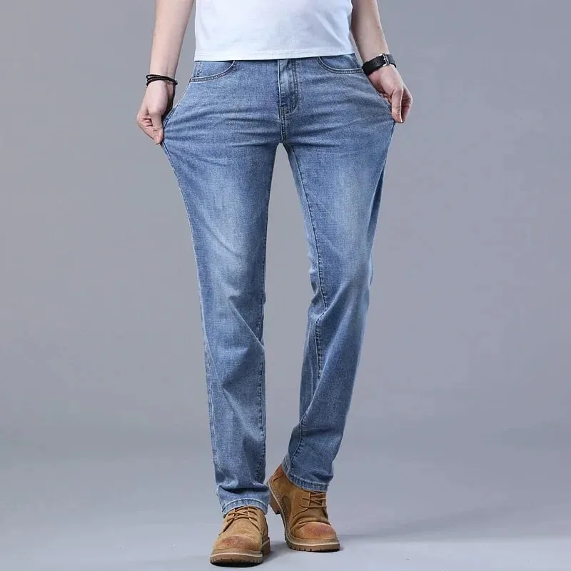 2026 Spring Summer Men's Slim Jeans Stylish Casual Stretch Fabric Denim Pants Classic Trousers Smoke Gray Plus Size 40 — image 5