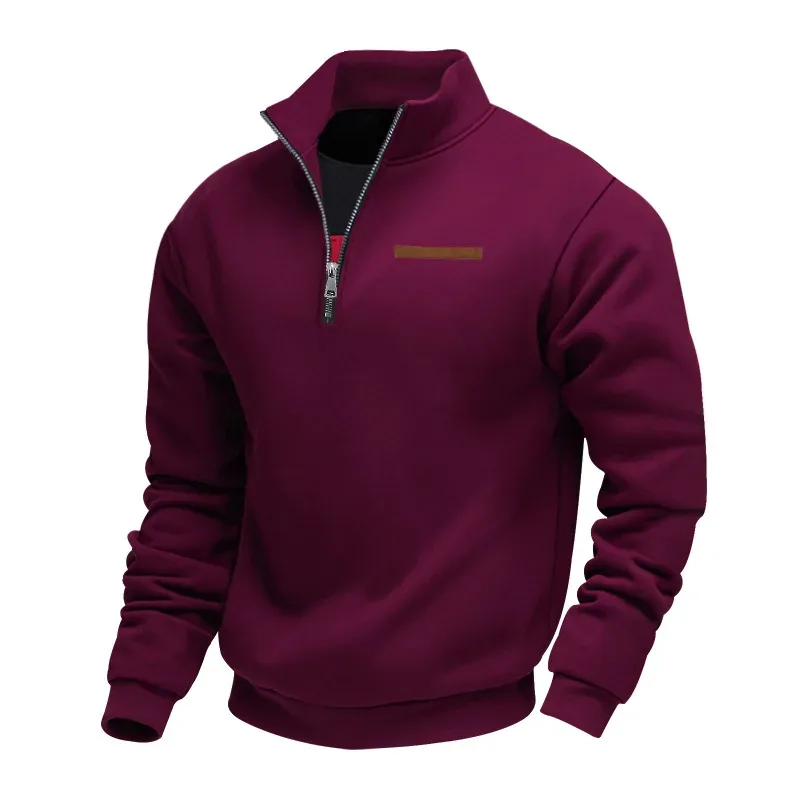 Moletom masculino com zíper com gola alta, pulôver casual de lã quente com listras decorativas no peito — image 10