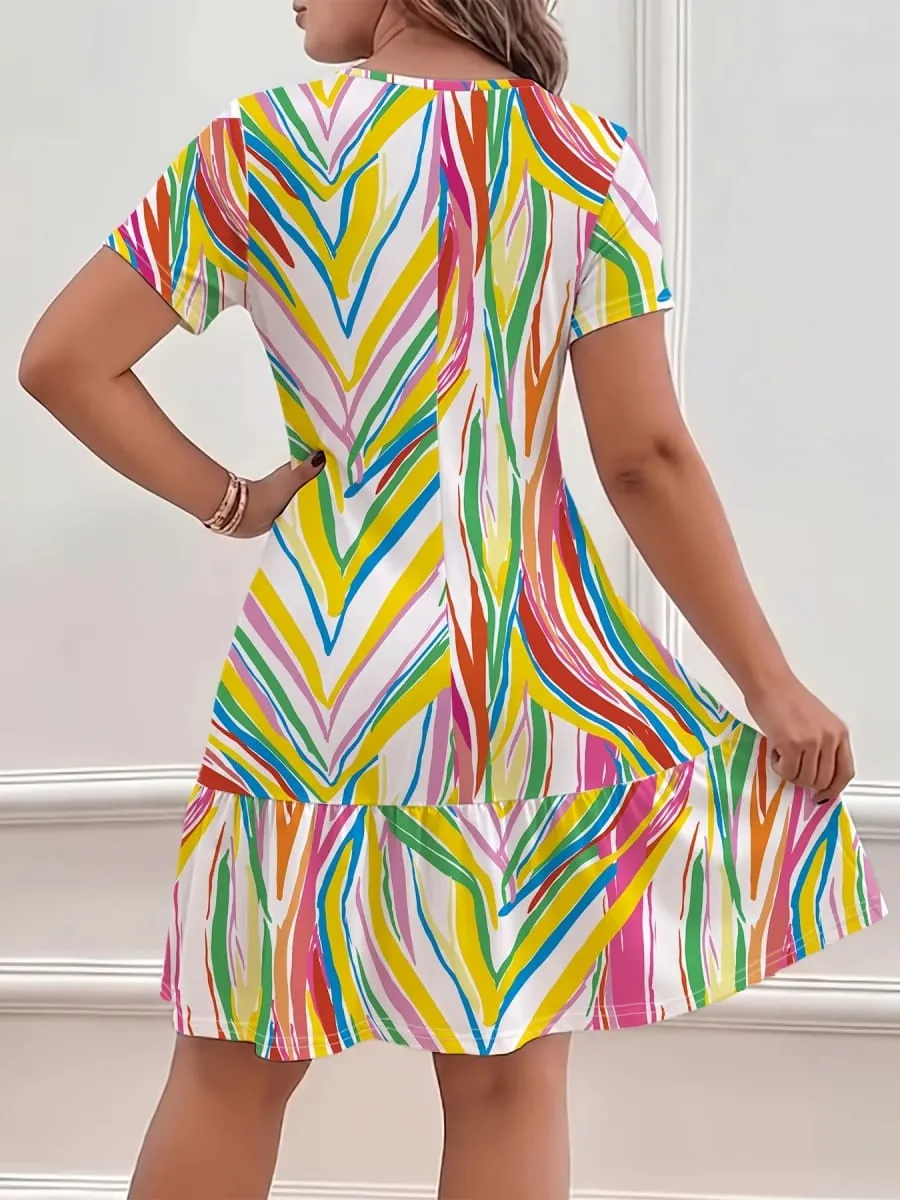 New Summer Women's Geometric Print Pattern Round Neck Short Sleeve Dress Comfortable Holiday Dress