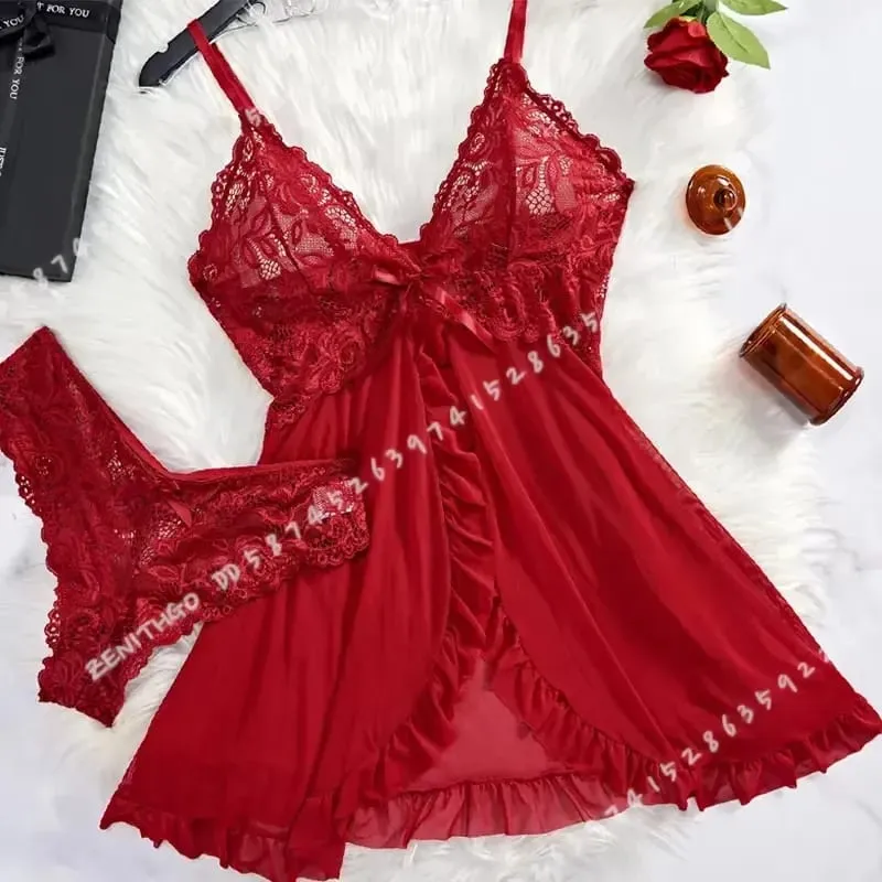 2 Pcs Women Lace Nightgown Set Deep V Neck Bra Panties Transparent Solid Slim Soft Split Nightdress Lingerie — image 2
