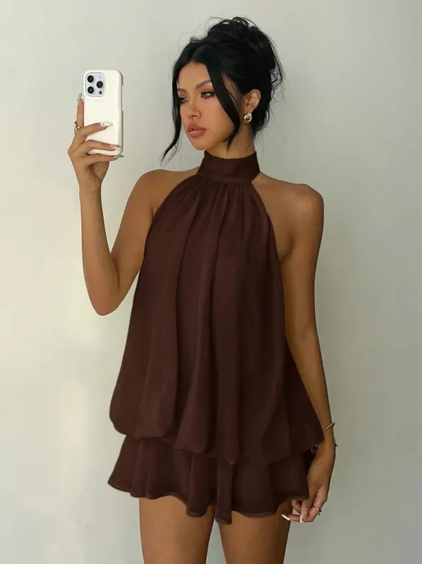 Women's Vacation Slim Fit Fashion Sexy Backless Halter Tie Waist Versatile Solid Color Dress Stylish and Comfortable Summer — image 7