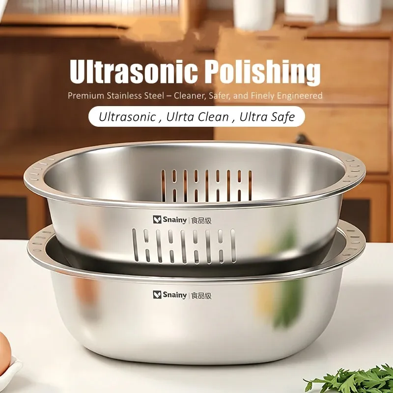 Ultrasonic Polishing Stainless Steel 2 in 1 Bowl and Colander Set Kitchen Fruit and Vegetable Efficient Washing Draing Gadgets — image 7