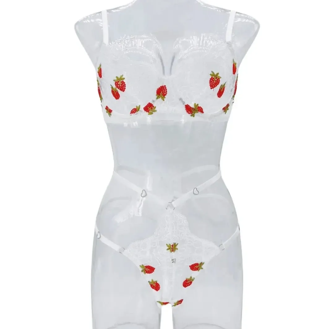 Sexy Mädchen Erdbeere Stickerei Perspektive Unterwäsche mit Stahlringen Damen süße transparente exotische Kleidung Anzug BH Slips — image 5
