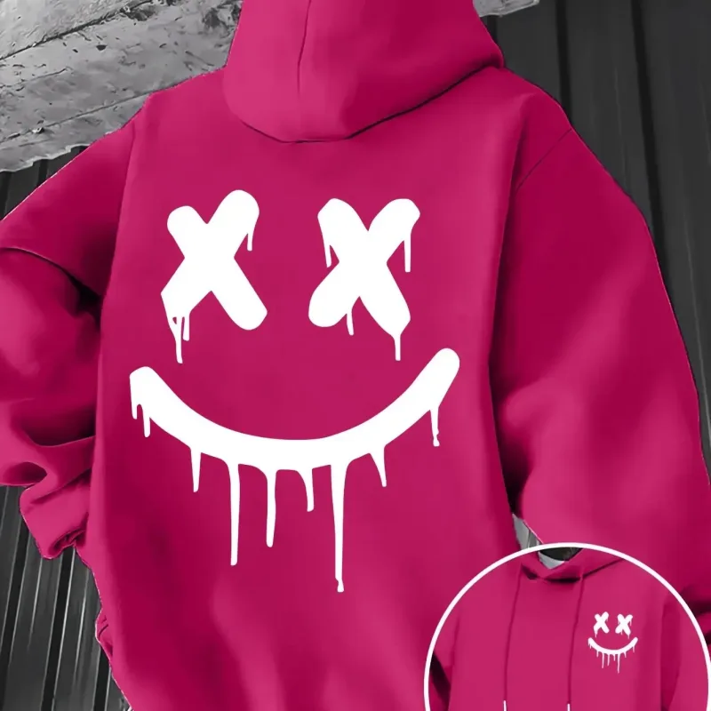 Smiley face print men's and women's autumn winter trendy printed hooded fleece sweatshirt front back casual hoodie — image 10