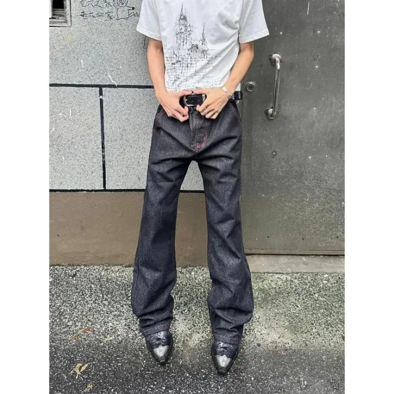 Men American Vintage Denim Red Stitch Raw Black Straight Micro Flare Jeans Slim Fit Fashion Casual Stretch Long Denim Trousers — image 4