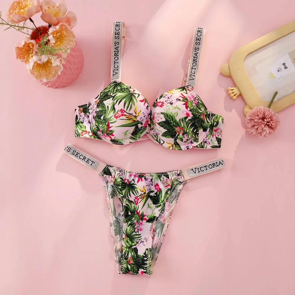 Victoria Secret Hot Sexy Lingerie Set Very Sexy Logo Shine Strap Tropical Floral Push Up Bra Shine Script Thong Panty — image 8