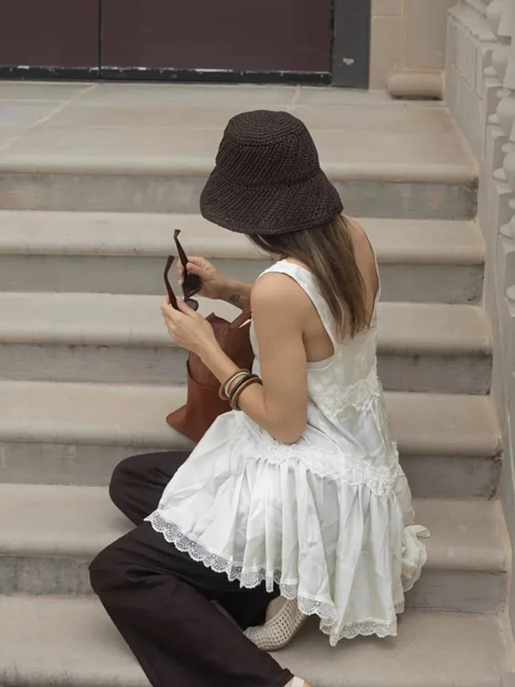 Pambabaeng A-Line na Dress V-Neck na walang manggas na Lace Trim Tiered Flared Casual Daily Wear Dress Naka-istilong Babaeng Frock — image 6