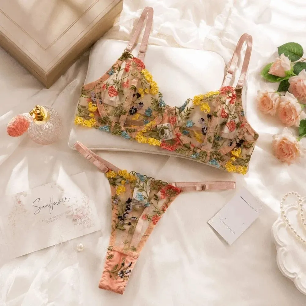 Sheer Intimates Transparent Lingerie Set Ultra-thin Push Up Embroidery Floral Underwear Elegant Bra Suit Valentine's Day