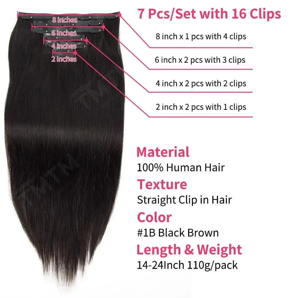 Straight PU Clip Ins Human Hair Extensions Black Brown Color 7 Pcs 110g/Set Seamless Invisible PU Weft For Women 100% Human Hair — image 4