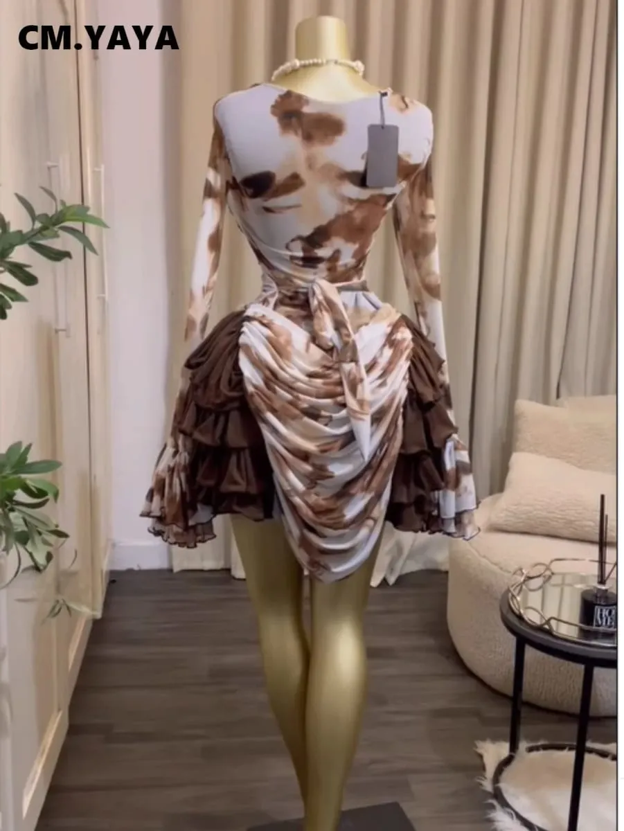 CM.YAYA Kvinnor Tie Dye Print Cascading Volanger Bell Långärmad Bodycon Ruched Draperad V-ringad Klänning Semester Strand Semesterklänningar — image 5