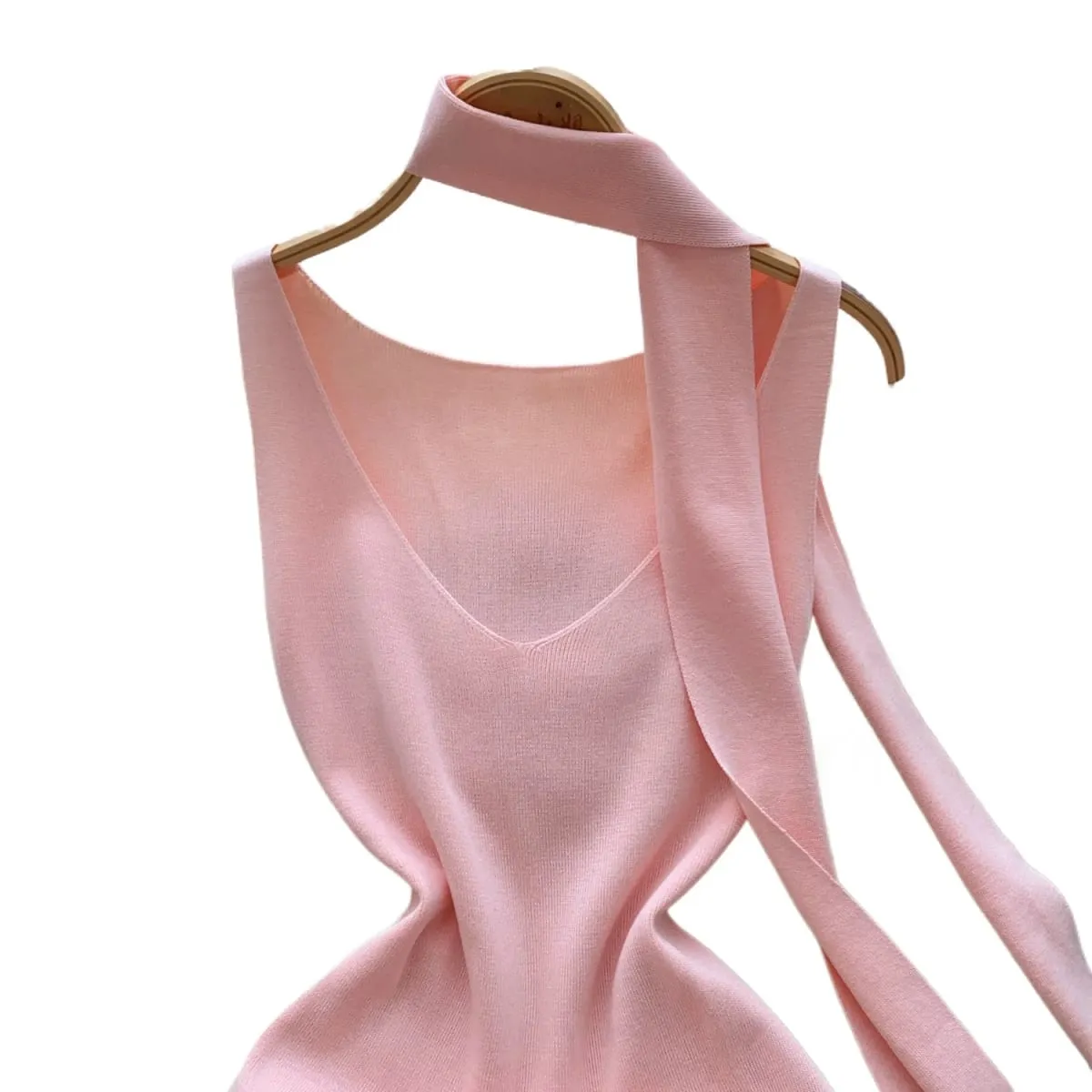 Pink Detachable Scarf Mini Dress Women's Sleeveless Sundress V-Neck Side Slit Stretchy Ribbed Knit Bodycon Casual Party Dress — image 5