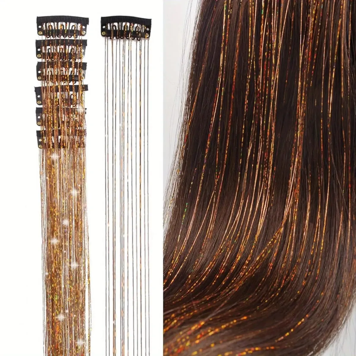 6Pcs Synthetic Hair Tinsel Clip in 19.6Inch Glitter Tinsel Hair Clip in Hair Tinsel Kit Heat Resistant Shiny Sparkle Fairy Hair — image 9