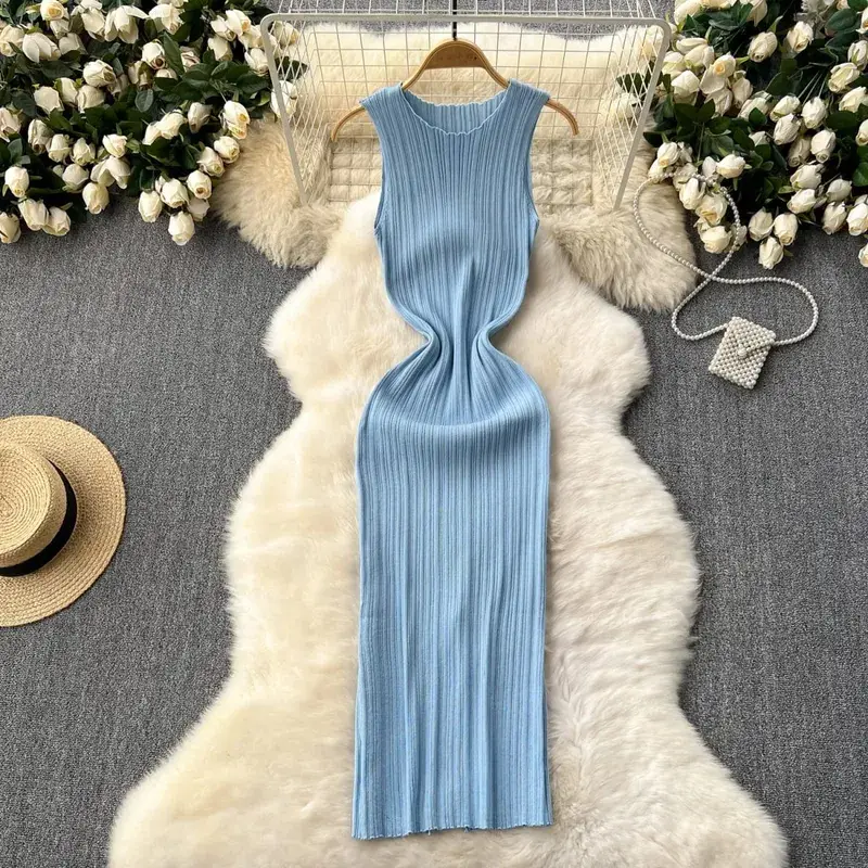 YuooMuoo Chic Fashion Sexy Wrap Hips Knitted Maxi Dress 2026 Spring Summer Ribbed Slim Elastic Sleeveless Tank Dress Lady Vestid — image 6