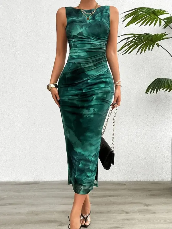 Feminino 2024 primavera verão nova moda impressa em torno do pescoço estilo emagrecimento sem mangas vestido apertado com fundo dividido — image 9