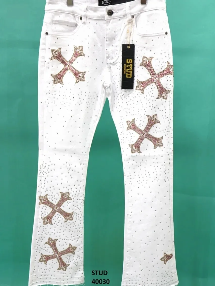 Cross Pattern Design White Flash Fashionable Element Baggy Denim Pants Daily Commute Necessary Minimalism Straight Leg Jeans — image 3